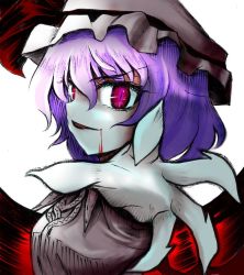 Rule 34 | 1girl, bad id, bad pixiv id, blood, cellphone, claws, crazy eyes, dress, female focus, frills, looking at viewer, outstretched arms, phone, pink dress, pink eyes, purple hair, remilia scarlet, short hair, simple background, solo, touhou, uousa-ou, upper body, white background