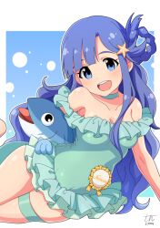 Rule 34 | 1girl, :d, asari nanami, blue background, blue eyes, blue hair, blush, breasts, cleavage, collarbone, dated, dot nose, gradient background, green one-piece swimsuit, grid background, hair ornament, hair rings, holding, holding stuffed toy, idolmaster, idolmaster cinderella girls, idolmaster cinderella girls starlight stage, long hair, looking at viewer, lying, medium breasts, name tag, on side, one-piece swimsuit, open mouth, outside border, signature, smile, solo, starfish hair ornament, stuffed animal, stuffed fish, stuffed toy, swimsuit, teeth, thigh strap, tun, upper teeth only, very long hair