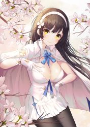 Rule 34 | 1girl, between breasts, black hair, black pantyhose, blue ribbon, breasts, cleavage, closed mouth, coat, covered erect nipples, cowboy shot, flower, girls&#039; frontline, gloves, hair flower, hair ornament, hairband, hand on own hip, jacket, jacket on shoulders, large breasts, lily (flower), long hair, looking at viewer, merryj, miniskirt, neck ribbon, pantyhose, petals, pleated skirt, ribbon, shirt, sidelocks, skirt, smile, solo, standing, star (symbol), type 95 (girls&#039; frontline), v, white coat, white flower, white gloves, white shirt, white skirt, wing collar, yellow eyes