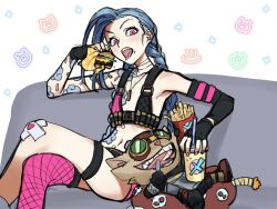 Rule 34 | 1girl, :d, arm tattoo, bare shoulders, black gloves, blue hair, body fur, braid, brown fur, burger, cloud tattoo, couch, crossed legs, cup, disposable cup, fingerless gloves, flat chest, food, food focus, french fries, gloves, goggles, highres, holding, holding food, jinx (league of legends), league of legends, long hair, looking at viewer, lying, navel, on back, open mouth, pink eyes, pink thighhighs, pointy ears, shoulder tattoo, single thighhigh, smile, stomach tattoo, tattoo, teeth, thighhighs, twin braids, wosashimi, yordle, ziggs