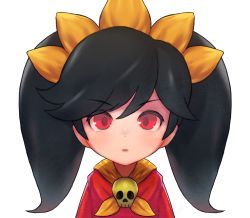 Rule 34 | 1girl, arms at sides, ashley (warioware), black hair, dress, eyebrows, female focus, hairband, highres, long hair, looking at viewer, nintendo, orange hairband, orange neckwear, parted lips, pasheri, red dress, red eyes, sidelocks, simple background, skull, solo, twintails, upper body, warioware, white background