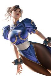 Rule 34 | 1girl, absurdres, bracelet, breasts, brown eyes, brown hair, brown pantyhose, capcom, china dress, chinese clothes, chun-li, cloud.d, commentary request, double bun, dress, earrings, fingernails, hair bun, hair ornament, highres, jewelry, lips, looking away, medium breasts, pantyhose, parted lips, pelvic curtain, puffy short sleeves, puffy sleeves, short sleeves, simple background, solo, spiked bracelet, spikes, street fighter, thighs, white background