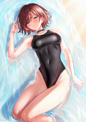 Rule 34 | 1girl, absurdres, bare shoulders, black one-piece swimsuit, blush, breasts, brown hair, collar, collarbone, competition swimsuit, hair ornament, hairclip, highleg, highleg swimsuit, highres, higuchi madoka, idolmaster, idolmaster shiny colors, looking at viewer, lying, medium breasts, mole, mole under eye, on back, one-piece swimsuit, parted lips, purple eyes, short hair, spiked collar, spikes, swept bangs, swimsuit, thighs, ulrich (tagaragakuin), water, wet