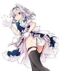 Rule 34 | 1girl, ahoge, apron, ass, black thighhighs, blue skirt, blue vest, braid, breasts, cameltoe, closed mouth, feet out of frame, frilled skirt, frills, from behind, from below, furorina, garter straps, gluteal fold, green neckwear, green ribbon, grey hair, hair ribbon, hand up, highres, holding, holding knife, izayoi sakuya, knife, looking at viewer, maid headdress, medium breasts, open hand, panties, parted bangs, petticoat, puffy short sleeves, puffy sleeves, red eyes, ribbon, see-through, shirt, short hair, short sleeves, side braids, simple background, skindentation, skirt, skirt set, smile, solo, standing, thigh strap, thighhighs, thighs, touhou, twin braids, twisted torso, underwear, v-shaped eyebrows, vest, white background, white panties, white shirt