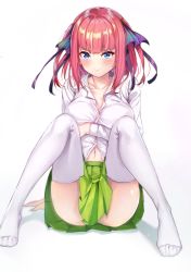 Rule 34 | 1girl, absurdres, blue eyes, blunt bangs, blush, breasts, butterfly hair ornament, closed mouth, collared shirt, commentary request, dress shirt, go-toubun no hanayome, green skirt, hair ornament, hair ribbon, highres, large breasts, looking at viewer, nakano nino, nao (okt8538), navel, pink hair, pleated skirt, purple ribbon, ribbon, shirt, short hair, sitting, skirt, solo, thighhighs, thighs, unbuttoned, white background, white shirt