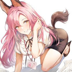 Rule 34 | 1girl, adjusting hair, all fours, animal ears, bare legs, breasts, brown skirt, cleavage, dog ears, dog girl, dog tail, dress shirt, frills, from above, grin, tucking hair, hand up, high heels, highres, id card, large breasts, long hair, looking at viewer, neck ribbon, nr noir, office lady, original, paper, paw print, pencil skirt, photo (object), pink hair, ribbon, shadow, shirt, short sleeves, simple background, skirt, smile, solo, tail, thighs, white background, white shirt, yellow eyes