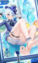 Rule 34 | 1girl, absurdres, ascot, asymmetrical gloves, barefoot, black ascot, black gloves, blue eyes, blue hair, blue hat, blue jacket, breasts, coin, fang, feet, foot focus, foreshortening, furina (genshin impact), genshin impact, gloves, hair between eyes, hat, heterochromia, highres, hydro eidolon (genshin impact), hydro symbol (genshin impact), jacket, jndfh, light blue hair, long hair, long sleeves, mora (genshin impact), multicolored hair, open mouth, primogem, shorts, skin fang, slime (genshin impact), small breasts, soles, solo, toes, top hat, white gloves, white hair, white shorts