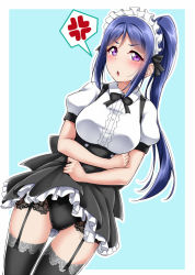 Rule 34 | &gt;:o, 1girl, :o, anger vein, black bow, black bowtie, black panties, black skirt, black thighhighs, blouse, blue background, blue hair, blush, border, bow, bowtie, breasts, clothes lift, commentary request, dutch angle, embarrassed, frills, garter straps, high-waist skirt, lace, lace-trimmed legwear, lace trim, large breasts, lifting own clothes, long hair, looking at viewer, love live!, love live! school idol festival, love live! sunshine!!, maid headdress, matsuura kanan, meme attire, outline, panties, petticoat, ponytail, purple eyes, shirt, short sleeves, simple background, skirt, skirt lift, solo, spoken anger vein, suspender skirt, suspenders, thighhighs, underbust, underwear, v-shaped eyebrows, virgin killer outfit, white border, white outline, white shirt, yopparai oni