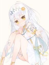 Rule 34 | 1girl, bare shoulders, barefoot, blush, breasts, commentary request, dress, flower, flower knight girl, hair ornament, hugging own legs, long hair, looking at viewer, shirotaegiku (flower knight girl), sideboob, simple background, smile, solo, thighs, white dress, white hair, yellow eyes, zhuzi