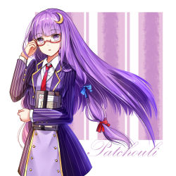 Rule 34 | 1girl, adjusting eyewear, alternate costume, bad id, bad pixiv id, bespectacled, blazer, book, hugging book, character name, crescent, crescent hair ornament, glasses, hair ornament, hair ribbon, highres, holding, holding book, jacket, long hair, long sleeves, looking at viewer, necktie, hugging object, open clothes, open jacket, open mouth, patchouli knowledge, purple eyes, purple hair, red-framed eyewear, ribbon, school uniform, shirt, skirt, skirt set, solo, touhou, tress ribbon, uniform, very long hair, vest, zhenming