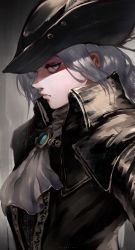 Rule 34 | 1girl, absurdres, bloodborne, brooch, commentary request, ascot, hat, high collar, highres, ibuo (ibukht1015), jewelry, lady maria of the astral clocktower, looking at viewer, serious, grey eyes, silver hair, solo, the old hunters, tricorne