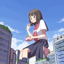 Rule 34 | 1girl, artist name, bento, bird, black socks, blouse, blue sky, blush, brown eyes, brown hair, building, chopsticks, chopsticks in mouth, city, cityscape, cloud, commentary, dated commentary, day, eating, feet out of frame, food, from below, giant, giantess, grey sailor collar, grey skirt, grey socks, holding, holding chopsticks, house, looking at viewer, neckerchief, on roof, original, outdoors, pleated skirt, red neckerchief, sailor collar, school uniform, serafuku, shapoco, shirt, short sleeves, sitting, skirt, sky, skyscraper, smile, socks, solo, twitter username, white shirt