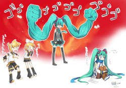 Rule 34 | 2boys, 2girls, aqua hair, bad id, bad pixiv id, blonde hair, blue scarf, clenched hand, clenched hands, detached sleeves, hatsune miku, headphones, kagamine len, kagamine rin, kaito (vocaloid), long hair, multiple boys, multiple girls, necktie, pleated skirt, prehensile hair, renta, renta (deja-vu), scarf, short hair, shorts, siblings, skirt, thighhighs, translation request, twintails, very long hair, vocaloid, wig