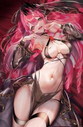 Rule 34 | 1girl, alternate costume, bed sheet, bikini, black bikini, black choker, breasts, breasts apart, chiachun0621, choker, criss-cross halter, dancer, detached sleeves, baobhan sith (fate), fangs, fate/grand order, fate (series), grey eyes, groin, halo, halterneck, harem outfit, highres, jewelry, long hair, long sleeves, looking at viewer, lying, medium breasts, multi-strapped bikini bottom, narrow waist, necklace, on back, open mouth, pelvic curtain, pink hair, pointy ears, puffy detached sleeves, puffy sleeves, see-through, see-through sleeves, showgirl skirt, skindentation, sling bikini top, solo, swimsuit, thigh strap, veil