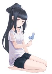 Rule 34 | 1girl, animal, animal on hand, bad id, bad pixiv id, barefoot, bird, bird on hand, black hair, black shorts, blunt bangs, braid, breasts, brown eyes, collarbone, commentary request, full body, hair ornament, hair tubes, head tilt, high ponytail, highres, jilu, light smile, long hair, looking at viewer, original, ponytail, seiza, shirt, short shorts, short sleeves, shorts, sidelocks, simple background, sitting, small breasts, solo, very long hair, white background, white shirt