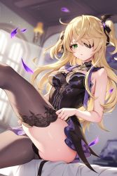Rule 34 | 1girl, absurdres, bare arms, bare shoulders, black ribbon, black thighhighs, blonde hair, breasts, commentary request, eyepatch, fischl (genshin impact), genshin impact, gomashio ponz, green eyes, hair ribbon, highres, indoors, looking at viewer, medium breasts, parted lips, ribbon, sitting, solo, thighhighs, thighs, two side up, window