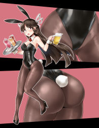 Rule 34 | 1girl, absurdres, animal ears, beer mug, black hair, black leotard, black pantyhose, breasts, brown eyes, cleavage, commentary request, cup, detached collar, drink, fake animal ears, full body, glass, hair ribbon, highres, hime cut, hiyou (kancolle), kantai collection, leotard, long hair, looking at viewer, magatama, medium breasts, minase (takaoka nanase), mug, multiple views, one-piece thong, open mouth, pantyhose, playboy bunny, rabbit ears, rabbit tail, red neckwear, ribbon, strapless, strapless leotard, tail, thong leotard, wrist cuffs