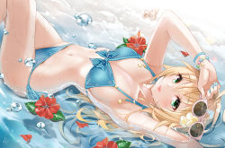 Rule 34 | 1girl, armpits, arms up, beach, bikini, blonde hair, blue bikini, blue bow, blue nails, blush, bow, bow bikini, bracelet, breasts, cleavage, commentary request, commission, conch, unworn eyewear, fingernails, floating, flower, green eyes, highres, holding, holding removed eyewear, jewelry, koji (kojikojimdw), lips, looking at viewer, lying, nail polish, on back, original, outdoors, parted lips, partially submerged, petals, pixiv commission, sand, seashell, shell, side-tie bikini bottom, sideboob, small breasts, smile, solo, star (symbol), sunglasses, swimsuit, water, wet