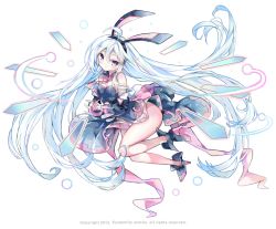 Rule 34 | 1girl, ahoge, animal ears, blue hair, blush, boots, breasts, rabbit ears, cleavage, dress, full body, grey eyes, high heel boots, high heels, long hair, necktie, original, small breasts, solo, somjeu, white background