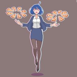 Rule 34 | 1girl, ahoge, blue hair, brown background, brown pantyhose, chromatic aberration, collared shirt, floating, food, hair between eyes, hcnone, jacket, looking at viewer, office lady, open mouth, original, pantyhose, pencil skirt, pixel art, pizza, pizza slice, red eyes, shirt, short hair, simple background, skirt, skye (hcnone), solo, telekinesis