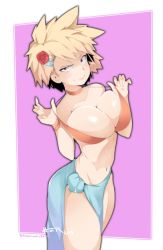 Rule 34 | 1girl, artist name, bakugou mitsuki, bikini, bikini top only, boku no hero academia, breasts, choker, cleavage, flower, hair flower, hair ornament, highres, hot vr, large breasts, looking at viewer, mature female, navel, red eyes, short hair, signature, skirt, smile, solo, spiked hair, strap pull, swimsuit