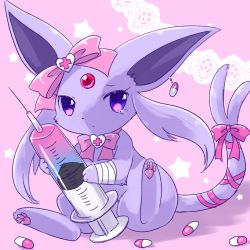 Rule 34 | bandages, bow, creatures (company), cross, earrings, espeon, forehead jewel, forked tail, game freak, gen 2 pokemon, heart, holding, jewelry, kemoribon, looking at viewer, nintendo, no humans, pill, pink background, pink bow, pink neckwear, pokemon, pokemon (creature), purple eyes, sitting, star (symbol), syringe, tail, tears