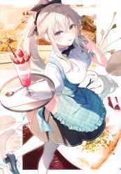 Rule 34 | 1girl, absurdres, apron, blush, bow, breasts, cream, dress, food, frills, fruit, hair bow, hair ornament, highres, holding, holding tray, ice cream, long hair, looking at viewer, medium breasts, original, ponytail, scan, shoes, short dress, short sleeves, simple background, solo, spoon, strawberry, tongue, tongue out, toosaka asagi, tray, waist apron, waitress, white hair, white legwear, yellow eyes