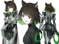 Rule 34 | 1girl, adapted costume, alternate eye color, alternate hair color, animal ear fluff, animal ears, armor, ass, ass focus, black hair, cat ears, chest jewel, green hair, highres, holding, holding weapon, m (xenoblade), mio (xenoblade), multicolored hair, multiple views, official alternate costume, open mouth, ormille, short hair, solo, two-tone hair, weapon, xenoblade chronicles (series), xenoblade chronicles 3, yellow eyes