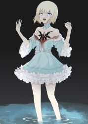 Rule 34 | 1girl, :d, absurdres, bare shoulders, black background, blonde hair, blood, blood on chest, blood on clothes, blue dress, blue eyes, chest tattoo, collarbone, command spell, detached collar, dress, fate/prototype, fate (series), feet out of frame, frilled dress, frills, hands up, highres, jtgbaaa, looking at viewer, off-shoulder dress, off shoulder, open mouth, sajou manaka, short hair, simple background, smile, solo, tattoo, wading, water, wide sleeves