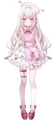 Rule 34 | 1girl, bag, blush, closed mouth, collared shirt, commentary request, copyright request, dress shirt, frilled skirt, frills, full body, gloves, grey gloves, hair intakes, halo, highres, hoshi (snacherubi), kneehighs, layered skirt, long hair, looking at viewer, pink shirt, pink thighhighs, pleated skirt, purple eyes, red footwear, shirt, shoes, shoulder bag, simple background, single kneehigh, single sock, single thighhigh, skirt, smile, socks, solo, standing, stuffed animal, stuffed rabbit, stuffed toy, thighhighs, very long hair, virtual youtuber, white background, white hair, white skirt, white socks