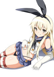 Rule 34 | 1girl, arm support, black eyes, black hairband, black panties, blonde hair, blue skirt, closed mouth, elbow gloves, gloves, hair between eyes, hairband, horizontal-striped legwear, kantai collection, long hair, looking at viewer, navel, panties, shimakaze (kancolle), simple background, skirt, smile, solo, spread navel, stomach, striped clothes, striped thighhighs, thighhighs, toshishikisai, underwear, white background, white gloves