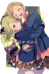 Rule 34 | 2girls, blonde hair, brown hair, closed eyes, closed mouth, copyright name, creature, echo (circa), elize lutus, elle mel martha, hug, long hair, multiple girls, one eye closed, open mouth, skirt, smile, tales of (series), tales of xillia, tales of xillia 2, teepo (tales)