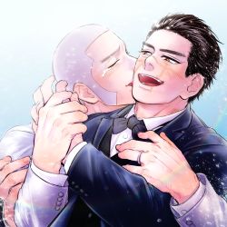 Rule 34 | 2boys, absurdres, black hair, black jacket, bow, bowtie, brown eyes, couple, crying, esaman u, closed eyes, facial scar, formal, golden kamuy, highres, hug, hug from behind, jacket, jewelry, kiss, kissing cheek, looking at another, male focus, multiple boys, open mouth, ring, scar, scar on cheek, scar on face, scar on mouth, scar on nose, shiraishi yoshitake, shirt, short hair, sideburns, smile, sugimoto saichi, suit, tears, upper body, very short hair, white hair, white jacket, white shirt, yaoi