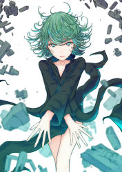 Rule 34 | 1girl, absurdres, bare legs, black dress, breasts, collarbone, commentary request, curly hair, dress, floating, floating object, green eyes, green hair, highres, kikuwata, long sleeves, looking at viewer, one-punch man, rock, short hair, simple background, solo, tatsumaki, telekinesis, white background