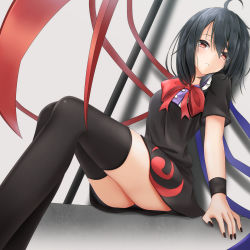 Rule 34 | 1girl, ahoge, ass, asymmetrical wings, black dress, black hair, black nails, black thighhighs, bow, bowtie, dress, frown, hair between eyes, highres, houjuu nue, looking at viewer, medium hair, nail polish, nue day, red bow, red bowtie, red eyes, santarou, sitting, solo, thighhighs, thighs, touhou, wings