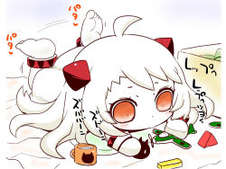 Rule 34 | 10s, 1girl, abyssal ship, ahoge, aircraft, airplane, anklet, barefoot, chibi, comic, cup, jewelry, kantai collection, long hair, lots of jewelry, lying, mittens, northern ocean princess, red eyes, sako (bosscoffee), solo, sweatdrop, white hair