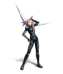 Rule 34 | 10s, 1girl, 3d, absurdres, alternate costume, armor, blue eyes, bow (weapon), crossover, earrings, final fantasy, final fantasy xiii, final fantasy xiii-2, hand on own hip, highres, jewelry, long hair, mass effect (series), mass effect 1, necklace, official art, pink hair, serah farron, side ponytail, simple background, solo, weapon, white background