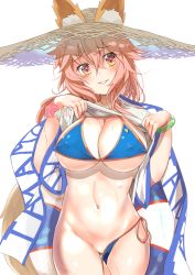 1girl animal_ears bikini blue_bikini blush breasts cleavage covered_erect_nipples ears_through_headwear fate/grand_order fate_(series) female_focus fox_ears fox_tail hair_ribbon hat heart heart-shaped_pupils innertube large_breasts long_hair looking_at_viewer navel p_answer pink_hair pussy_juice ribbon shirt simple_background solo straw_hat swim_ring swimsuit symbol-shaped_pupils tail tamamo_(fate) tamamo_no_mae_(fate/extra) tamamo_no_mae_(swimsuit_lancer)_(fate) tamamo_no_mae_(swimsuit_lancer)_(second_ascension)_(fate) wet wet_clothes wet_shirt white_background yellow_eyes