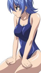 Rule 34 | 1girl, absurdres, blue eyes, blue hair, breasts, female focus, hattori junko, highres, ichiban ushiro no daimaou, matching hair/eyes, niccoboss, one-piece swimsuit, simple background, sitting, solo, swimsuit, vector trace