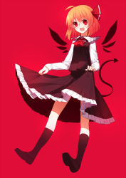 Rule 34 | 1girl, black skirt, black socks, blonde hair, clothes lift, fang, full body, hair ribbon, highres, kneehighs, lifting own clothes, long sleeves, looking at viewer, open mouth, red background, red eyes, red ribbon, ribbon, rumia, sh (shinh), shoes, short hair, skirt, skirt lift, skirt set, smile, socks, solo, touhou, vest