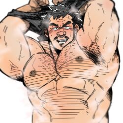 Rule 34 | 1boy, abs, armpit hair, armpits, arms up, bara, blush, come hither, highres, large pectorals, looking at viewer, male focus, mature male, mokushiroku no yonkishi, muscular, muscular male, nipples, nude, pectorals, pellegarde, pencil mustache, seductive smile, smile, solo, sparse chest hair, steaming body, strongman waist, thick eyebrows, undressing, upper body, wrinkled skin, yoshio (ginnan 0510)
