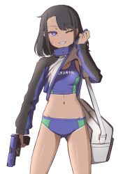 Rule 34 | 1girl, asymmetrical bangs, bag, black hair, blue buruma, blush, breasts, buruma, clothes lift, commentary request, grin, gun, handgun, highres, holding, holding gun, holding weapon, hs2000, ismuth (bibibibirite), jacket, jacket lift, long sleeves, looking at viewer, navel, one eye closed, original, puffy long sleeves, puffy sleeves, purple eyes, simple background, sleeves past wrists, small breasts, smile, solo, standing, sweat, tanline peek, track uniform, weapon, white background
