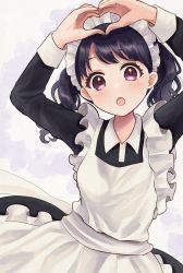 Rule 34 | 19 okeke, 1girl, apron, bad id, bad twitter id, black dress, black hair, commentary request, dress, fangs, frilled apron, frills, fukumaru koito, heart, heart hands, highres, idolmaster, idolmaster shiny colors, long hair, long sleeves, looking at viewer, maid, maid apron, maid headdress, open mouth, purple eyes, skin fangs, solo, twintails