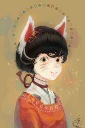 Rule 34 | 1girl, 2018, aegyo sal, animal ears, black hair, blonde hair, chinese zodiac, closed mouth, dilated pupils, facial mark, freckles, hair ornament, highres, japanese clothes, looking at viewer, mizutame tori, original, portrait, short hair, signature, smile, solo, three quarter view, whisker markings, year of the dog, yellow eyes