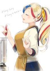 Rule 34 | 1girl, apron, artist name, blonde hair, blue hair, blush, commandant teste (kancolle), eighth note, closed eyes, holding, kantai collection, long hair, multicolored hair, musical note, one-hour drawing challenge, open mouth, pot, red hair, signature, simple background, smile, solo, streaked hair, white background, white hair, yamashichi (mtseven), yellow apron