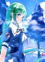 Rule 34 | 1girl, aqua eyes, arm at side, assault lily, black ribbon, black skirt, blue sky, blunt bangs, blurry, blurry background, blush, breasts, buttons, closed mouth, cloud, commentary request, cropped jacket, day, emblem, floating hair, green hair, hair ribbon, hairband, hasebe touka, highres, kikikaikai (kikikaikai chan), large breasts, light particles, light smile, long hair, looking at viewer, low-tied long hair, neck ribbon, outdoors, pleated skirt, puffy short sleeves, puffy sleeves, red ribbon, ribbon, school uniform, shirt, short sleeves, sidelocks, skirt, sky, solo, standing, tree, underbust, very long hair, white hairband, white shirt, yurigaoka girls academy school uniform
