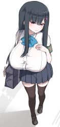 Rule 34 | 1girl, akitokage, armband, bag, black bag, black hair, blue bow, blue bowtie, blue skirt, blunt bangs, blush, bow, bowtie, breast suppress, breasts, brown footwear, brown thighhighs, bursting breasts, carrying bag, closed mouth, collared shirt, commentary, full body, hair ornament, hairclip, highres, holding strap, huge breasts, loafers, long hair, looking at viewer, nozomi (akitokage01), original, pink lips, pleated skirt, purple eyes, school bag, school uniform, shirt, shoes, short sleeves, sidelocks, simple background, skirt, solo, standing, straight hair, thighhighs, white shirt, zettai ryouiki
