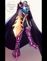 Rule 34 | 1boy, aisha (greenroze2), armor, cape, commentary, english commentary, english text, full armor, full body, galaxia (sword), glowing, glowing eyes, holding, holding sword, holding weapon, humanization, kirby (series), male focus, mask, meta knight, nintendo, pointing, pointing at viewer, shoulder armor, solo, standing, sword, weapon, yellow eyes