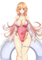 Rule 34 | 1girl, absurdres, azur lane, blonde hair, breasts, cameltoe, cleavage, cleft of venus, covered erect nipples, cowboy shot, frilled swimsuit, frills, highleg, highleg swimsuit, highres, innertube, large breasts, long hair, looking at viewer, one-piece swimsuit, pink one-piece swimsuit, red eyes, richelieu (azur lane), richelieu (fleuron of the waves) (azur lane), side-tie swimsuit, simple background, solo, swim ring, swimsuit, uchida shou, white background, wide hips