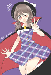 Rule 34 | 1girl, bow, brown eyes, brown hair, cape, commentary, glasses, hair between eyes, hat, hat bow, highres, jumping, low twintails, miniskirt, one eye closed, open mouth, ougi hina, red-framed eyewear, school uniform, short hair, short sleeves, skirt, smile, solo, thighs, touhou, twintails, twitter username, unmoving pattern, usami sumireko, w